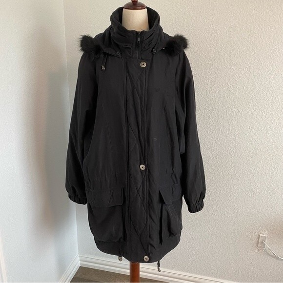 London Fog Black Parka Jacket Coat Fur Trim Removable Hood Zip Snap  M - Picture 1 of 16